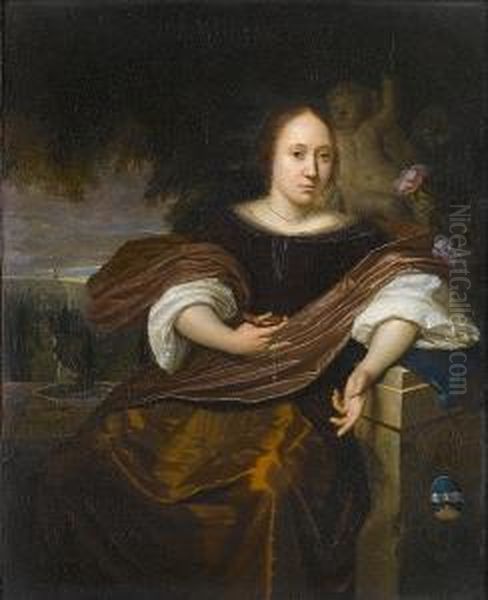 Portrait Of A Lady, 
Three-quarter Length, In A Purple And Gold Dress, Holding A Watch, 
Seated Beside A Plinth With A Formal Garden And Country House Beyond Oil Painting by Karel De Moor