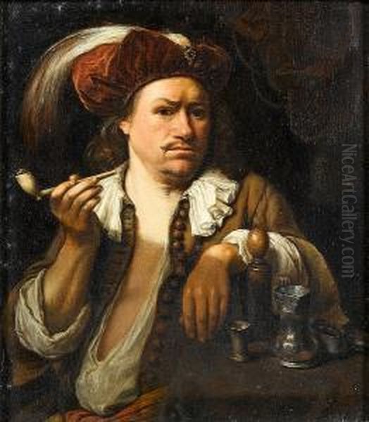 A Man Smoking A Pipe Oil Painting by Karel De Moor