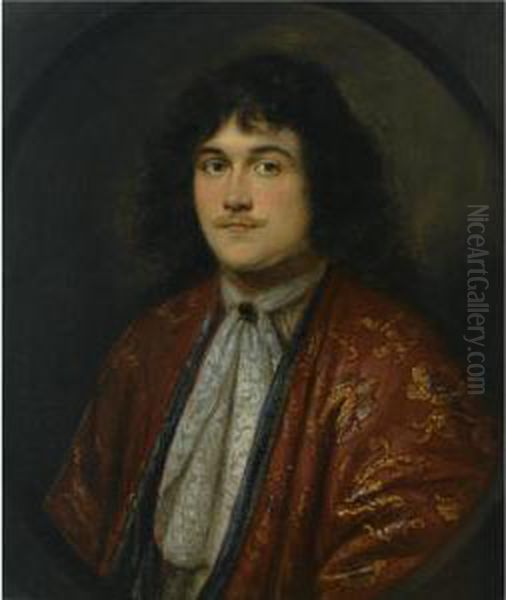 A Portrait Of A Gentleman, Bust 
Length, Wearing An Embroidered Red Robe With A White Chemise, In A 
Painted Oval Oil Painting by Karel De Moor