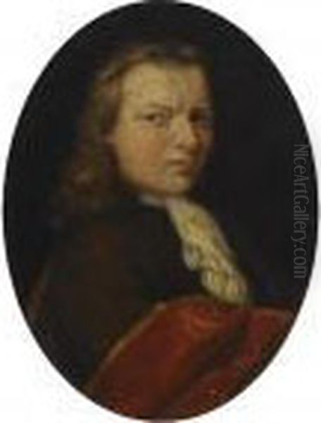 A Portrait Of A Gentleman, Bust Length, Wearing A Brown Coat With A Red Cloak Oil Painting by Karel De Moor