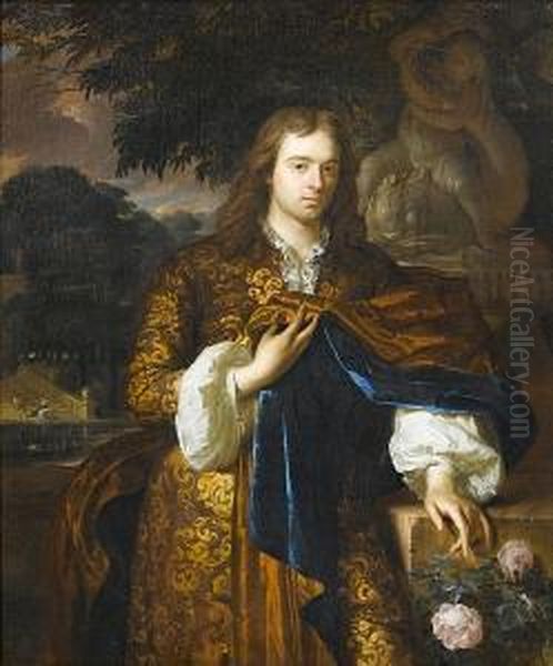 Portrait Of A Gentleman, 
Three-quarter-length, In A Brown Coat With A Blue Wrap, Standing Before A
 Stone Statue, A Young Couple In A Park Landscape Beyond Oil Painting by Karel De Moor