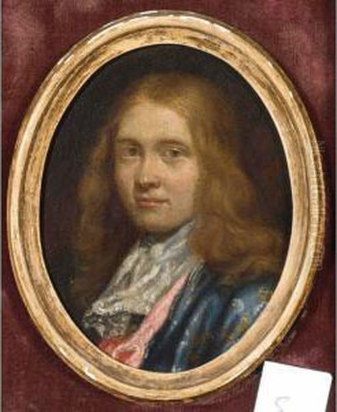 A Portrait Of A Gentleman, Head 
And Shoulders, Wearing A Blue Japanese Cloak And A White Scarf Oil Painting by Karel De Moor