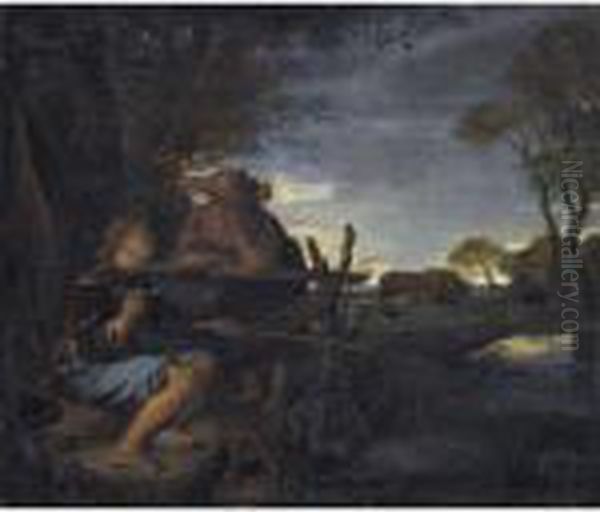 A Boy Fishing At The Edge Of A Brook, Talking To A Young Lady Oil Painting by Karel De Moor