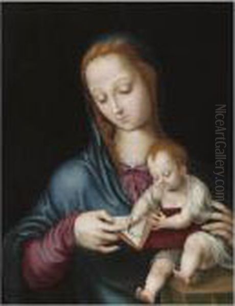 Madonna Teaching The Christ Child To Write Oil Painting by Luis de Morales