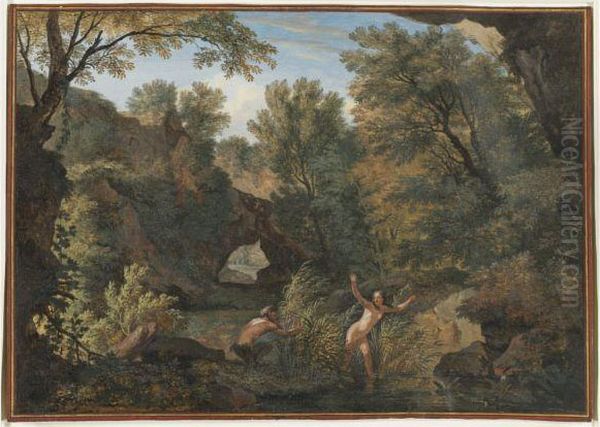 Rugged River Landscape With A Nymph Surprised By A Satyr Oil Painting by Isaac de Moucheron