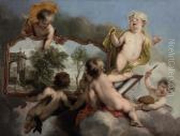 Putti Studying A Landscape Painting Oil Painting by Isaac de Moucheron