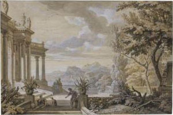 Landscape Capriccio With A Classical Portico, A Rugged Coastlinebehind Oil Painting by Isaac de Moucheron