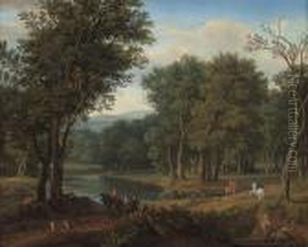 A Wooded River Landscape With Huntsmen Oil Painting by Isaac de Moucheron