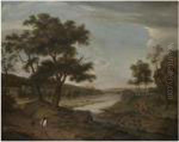 A River Landscape With Travellers On A Path In The Foreground Oil Painting by Isaac de Moucheron