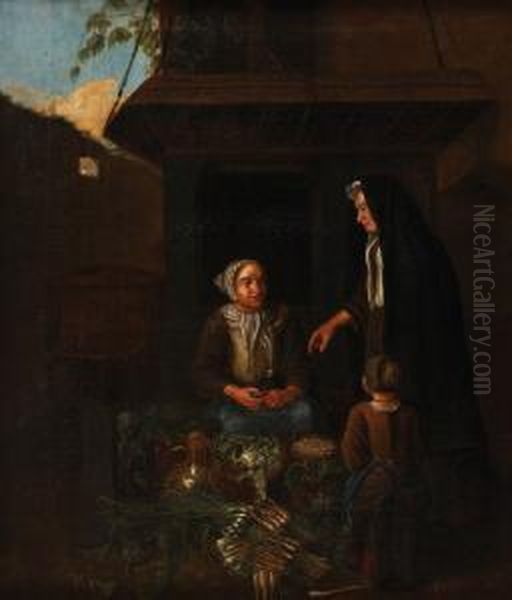 A Lady And Herdaughter At A Vegetable Stall Oil Painting by Isaac de Moucheron