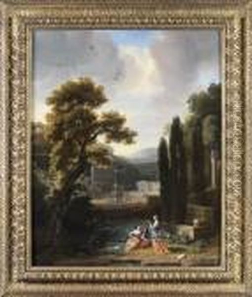 Elegants Et Pecheur Dans Un Paysage Classique Oil Painting by Isaac de Moucheron