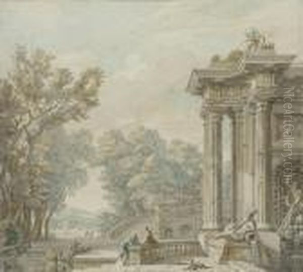 Caprice Architectural Avec Deux Hommes Discutant Devant Une Fontaine Et Une Colonnade Oil Painting by Isaac de Moucheron