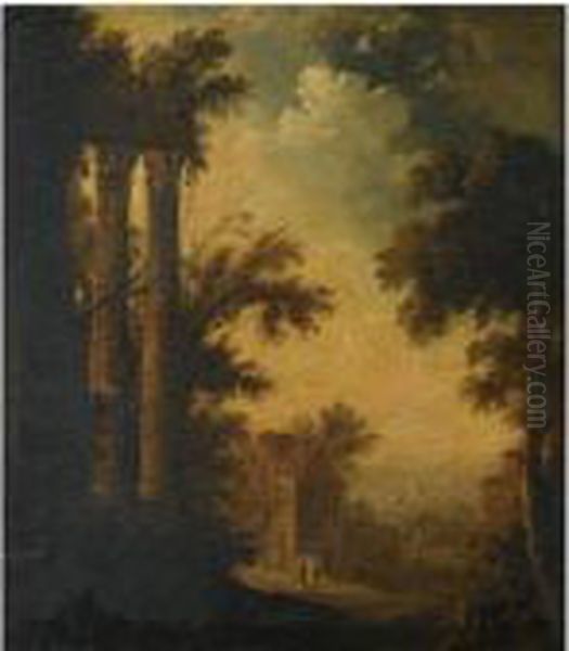 A Wooded Landscape With Two Classical Columns, Two Travellers On A Path Oil Painting by Isaac de Moucheron