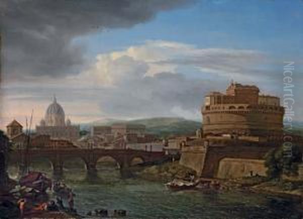 A View Of The Tiber, Rome, With The Castel Sant'angelo And St. Peter's Beyond Oil Painting by Isaac de Moucheron