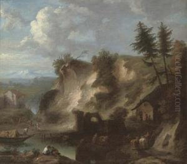 A Mountainous River Landscape With Herdsmen And Their Cattle By A Farm Oil Painting by Isaac de Moucheron