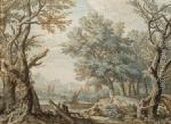 Un Homme Et Son Chien Dans Un Paysage Arbore, Des Montagnes I L'arriere-plan Oil Painting by Isaac de Moucheron