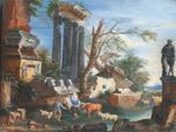 A Pastoral Landscape With Roman Ruins; And A Pastoral Wooded Landscape Oil Painting by Isaac de Moucheron