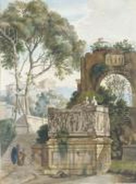 A Classical Landscape With Two Women By A Roman Sarcophagus Oil Painting by Isaac de Moucheron