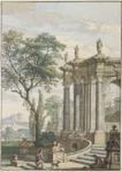 Un Paysage Avec Un Temple Ionique Et Une Fontaine Decoree De Sphinxailes Oil Painting by Isaac de Moucheron