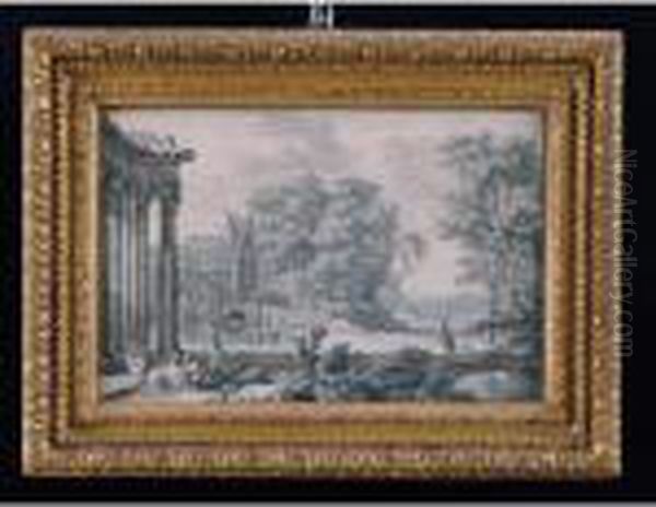 Paesaggio Con Palazzo Colonnato E
 Figure In Primo Piano, Un Palazzo In Lontananza; Paesaggio Costiero Con
 Ruine E Figure In Primo Piano, Barche In Lontananza Oil Painting by Isaac de Moucheron