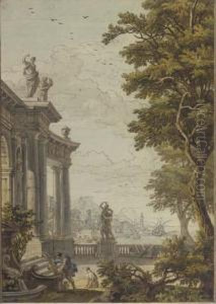 A Classical Gateway With A Man And His Dog At A Fountain, A Port And Mountains Beyond Oil Painting by Isaac de Moucheron