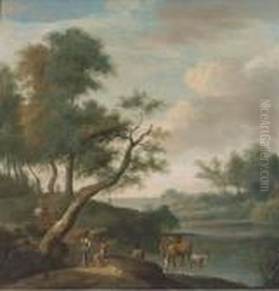 A Landscape With Travellers On A Track And Cattle And Drovers At A Ford Oil Painting by Isaac de Moucheron