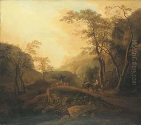 An Italianate Landscape With Travellers On A Wooded Mountain Oil Painting by Isaac de Moucheron