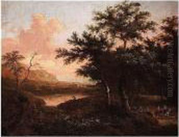 A River Landscape With Huntsmen And Riders Oil Painting by Isaac de Moucheron