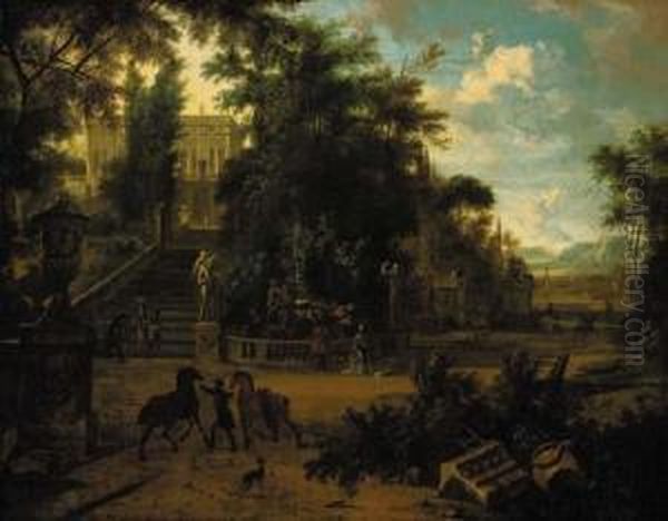 The Gardens Of A Renaissance Palace With Elegant Company, Horses And Grooms Oil Painting by Isaac de Moucheron