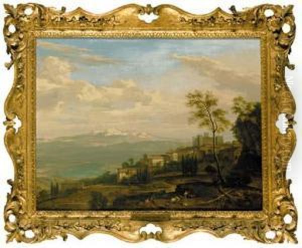 An Extensive Italianate 
Landscape With Shepherds And Shepherdesses Resting Before A Hilltop Town Oil Painting by Isaac de Moucheron