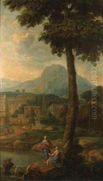 Italianate Landscapes With Figures And Classical Buildings Oil Painting by Isaac de Moucheron