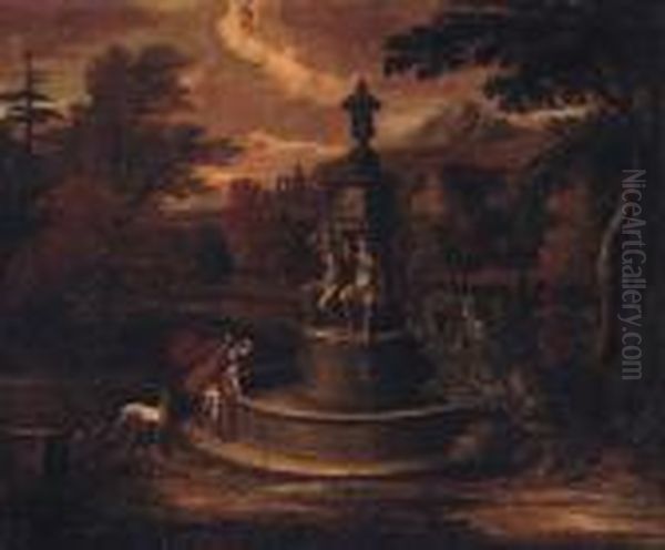 A Landscape With Narcissus By A Fountain Oil Painting by Isaac de Moucheron