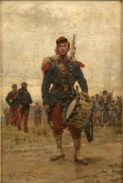 Portrait Of A French Infantry Soldier Holding A Drum Oil Painting by Alphonse Marie de Neuville