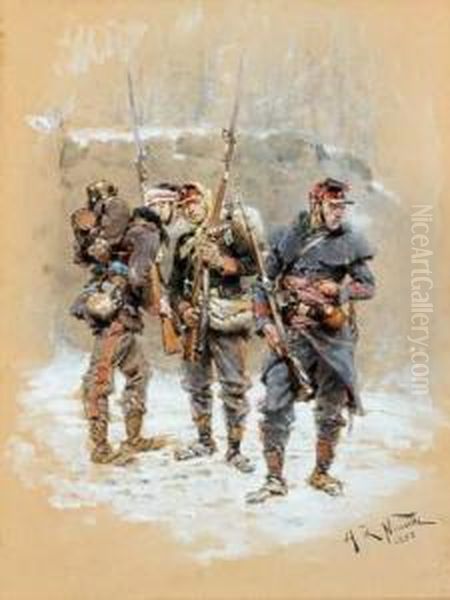 Trois Soldats Sous La Neige Oil Painting by Alphonse Marie de Neuville