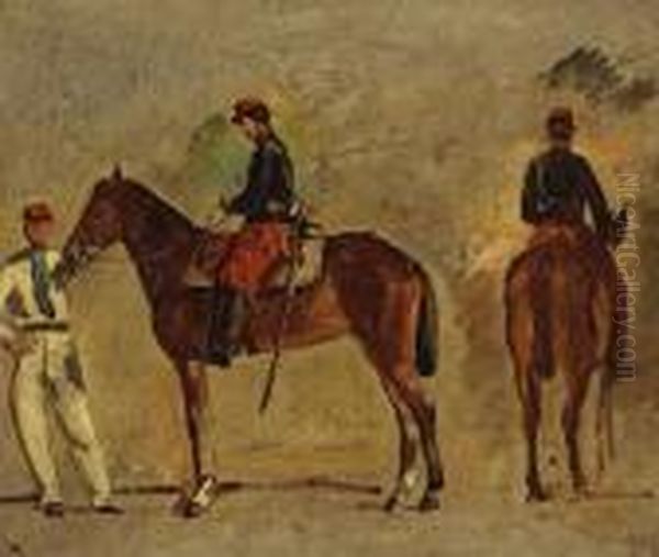 A Sketch Of Two Views Of An Officer On Hishorse Oil Painting by Alphonse Marie de Neuville