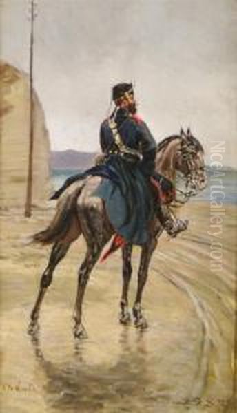 Soldier On Horseback Oil Painting by Alphonse Marie de Neuville