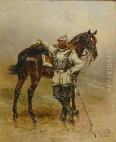 Cuirassier With His Horse Oil Painting by Alphonse Marie de Neuville