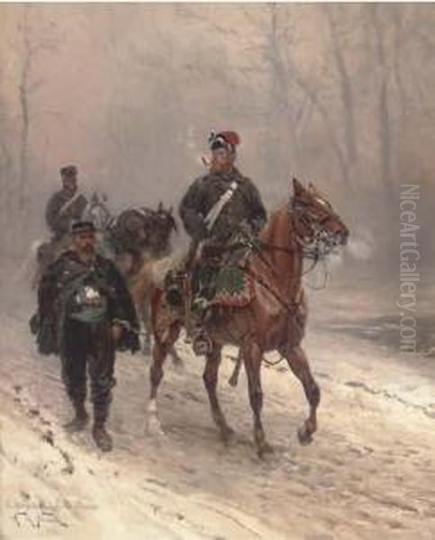 A Prussian Hussar Escorting A French Prisoner On A Wintertrack Oil Painting by Alphonse Marie de Neuville