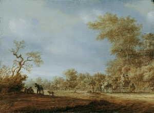 Baumbestandene Landschaft Mit Pferdekutsche Und Reitern. Oil Painting by Pieter de Neyn