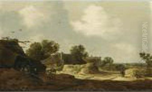 A Dune Landscape With Travellers On A Path And Peasants Resting Near Farms Oil Painting by Pieter de Neyn