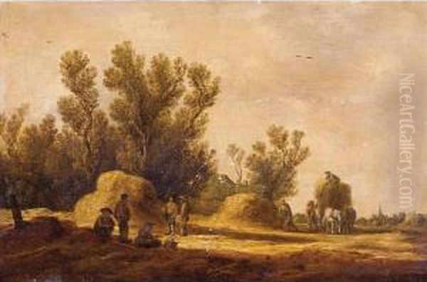 Figures Resting In A Field By Haystacks Oil Painting by Pieter de Neyn