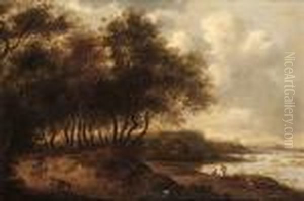 Wooded River Landscape With A Shepherd, Sheep And A Goat On A Track Oil Painting by Pieter de Neyn