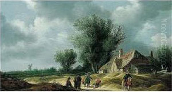 A Landscape With A Horseman And Figures Conversing Before A Farmhouse Oil Painting by Pieter de Neyn