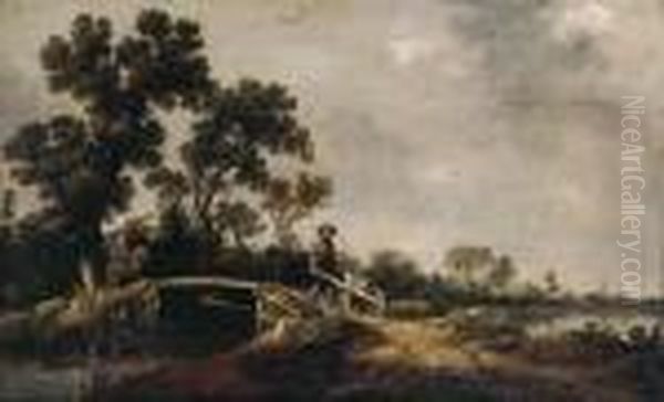 A Horseman And A Peasant With A Wheel-barrow On A Bridge In A Riverlandscape by Pieter de Neyn