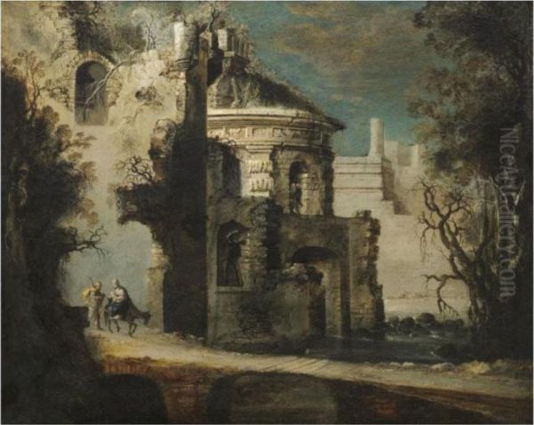 An Architectural Capriccio Of Roman Ruins With The Flight Into Egypt Oil Painting by Francois de Nome (Monsu, Desiderio)