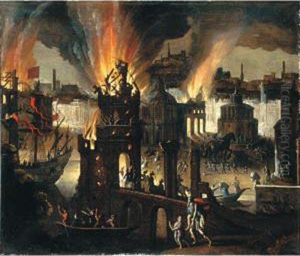 Ulisse Porta In Salvo Il Padre Anchise Ed Il Figlio Telemaco Da Troia In Fiamme Oil Painting by Francois de Nome (Monsu, Desiderio)