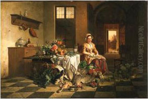 A Maid Seated In A Kitchen By A 
Table With Flowers, With Vegetablesand Dead Fowl In The Foreground Oil Painting by Noter David De