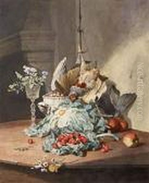 Still Life With Fruits, Salad And Grapes Oil Painting by David Emil Joseph de Noter