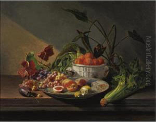 A Still Life With Fruit And Vegetables On A Table Oil Painting by David Emil Joseph de Noter