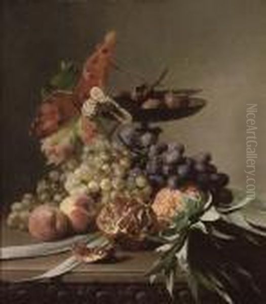 Grapes, Peaches, A Pomegranate And Pineapple Before A Tazza Oil Painting by David Emil Joseph de Noter